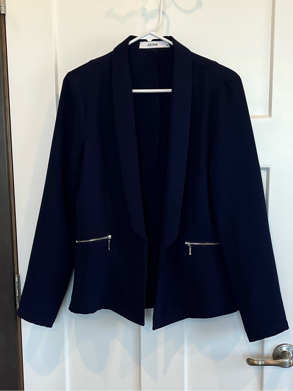 JustFab Navy Open-Front Blazer with Zip Pocket Detail